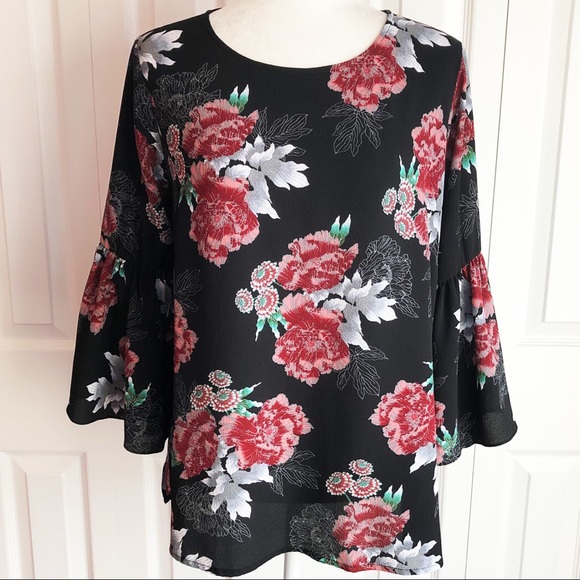 bobeau Tops - Bobeau Black Multi Floral Print Whimsigoth 3/4 Bell Sleeve Blouse Medium